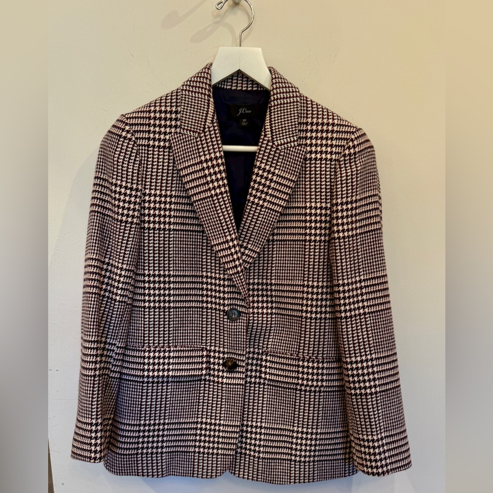 Women's Maroon, Navy, and Cream Houndstooth Plaid Blazer, 2P